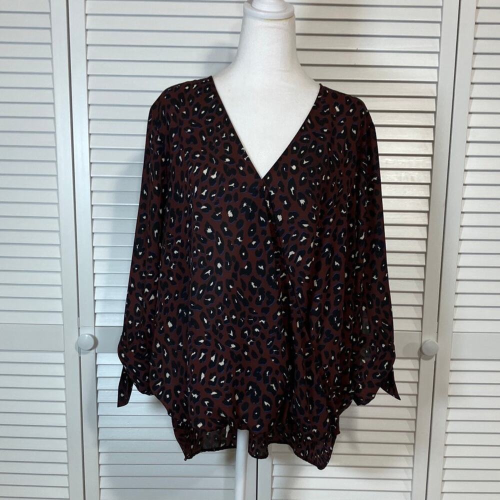 West Kei Dark Berry Leopard Print Faux Wrap Tie Sleeve High-low Blouse Women XL
